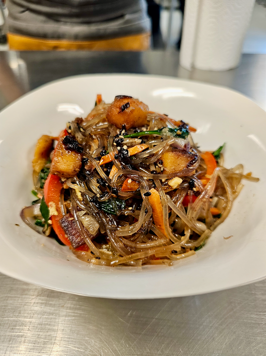 Japchae with Veggies and Red Lentil Tofu